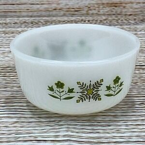 Vintage Anchor Hocking Fire King Bowl Milk Glass Green Floral Ribbed Design